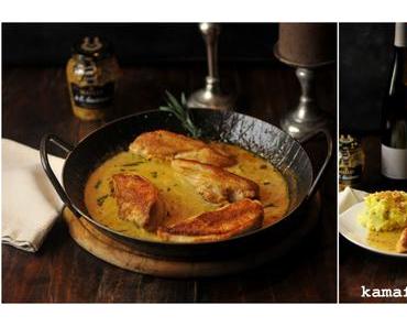 Huhn in Senf-Honig-Estragon Sauce, Stampfkartoffeln mit Panko-Haselnussbröseln