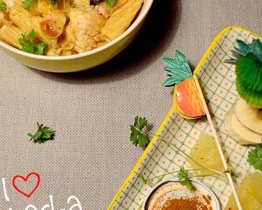 Tropical Pasta-Party mit Ananas, Banane und Pute in cremiger Currysauce