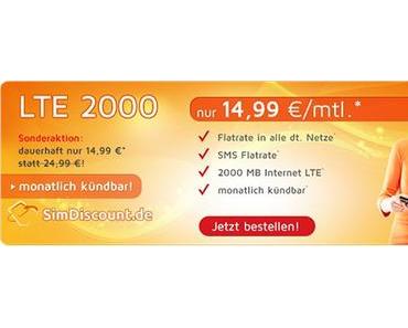 Simdiscount: LTE Allnet Flat ohne Laufzeit für 14,99 Euro mtl.!