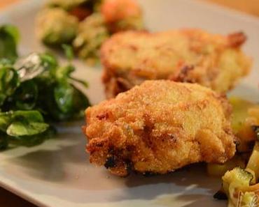 Frittiertes Schweinsfischerl nach Südstaatenart,mit Backofengemüse