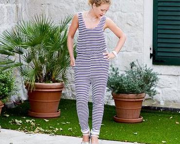 Outfit: Striped Jumpsuit with dropped armhole and Wedge Sandals
