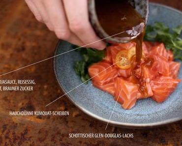Roher Lachs in buttriger Kumquat-Ponzu
