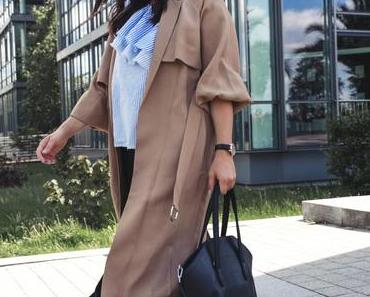 Trenchcoat Sommer Outfit mit Culotte, Oneshoulder Top und Stella McCartney Sonnenbrille