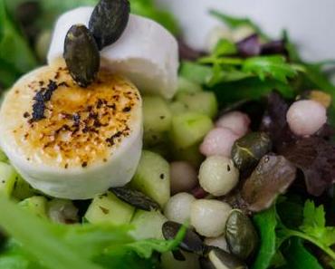 Geflämmter Ziegenfrischkäse auf Gurken-Wildkräutersalat