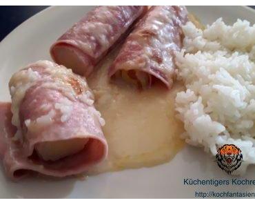 Überbackene Lauch-Schinken-Rollen