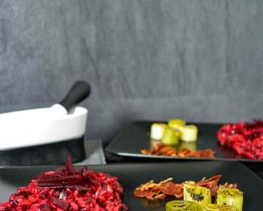 Rote Bete Risotto mit geflämmten Lauch & Schinkenchips – Foodblogger Saisonkalender