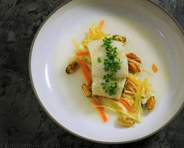 Skrei, Muschel und Wurzelgemüse