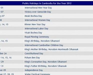 Cambodian Public Holidays 2012.