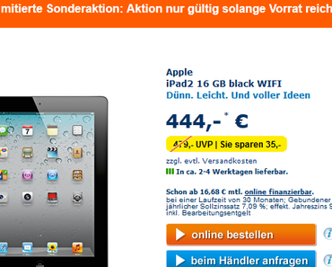 Angebot des Tages: Apple iPad 2 für nur 444 Euro bei Euronics.