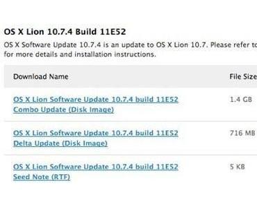 Apple gibt OS X Lion 10.7.4 Build 11E52 für Entwickler frei