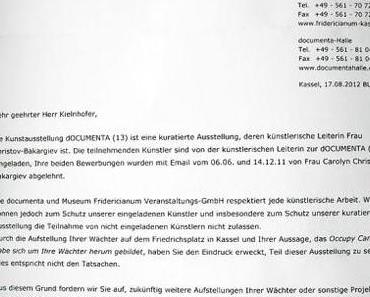 Brief von documenta und Museum Fridericianum an Manfred Kielnhofer, occupy Kassel, Waechter der Zeit