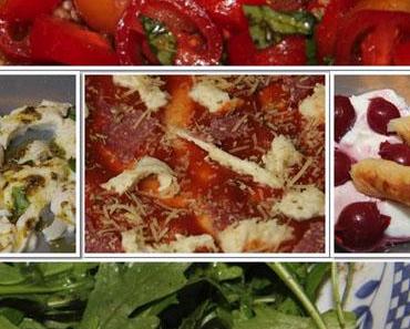 10.Tag Jamie Oliver 30 Minuten Menü - Scharfe Salamipizza, Dreierlei Salate, Kirschen &Vanille-Mascarpone;-Creme