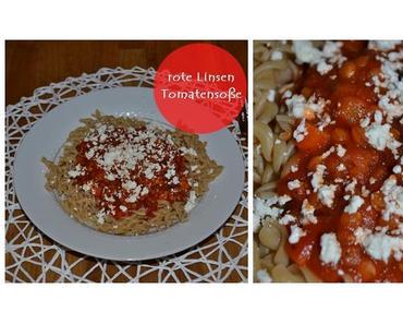 Pasta mit herzhafter roter Linsen Tomatensoße und Feta