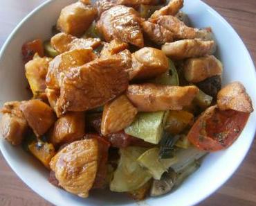 Asien trifft Adria - Yaki Tori Hühnerfleisch mit Mediterranen Ofengemüse