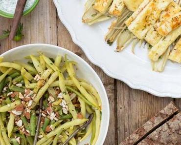 Ein letzter Sommertisch mit Bohnensalat, süß gebackenem Fenchel und Dip