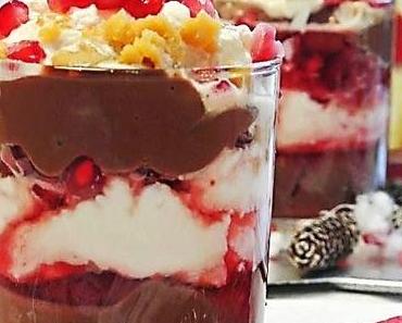 Winterliche Schoko-Kokoscreme mit Granatapfel und Karamell, köstlich, schnell und einfach!