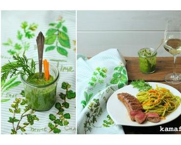 Ostermenü? Linguine mit Karottengrünpesto und Lammrücken mit fermentiertem schwarzen Pfeffer