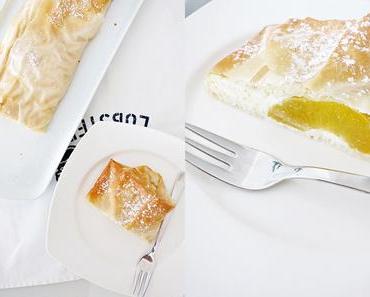 Topfenstrudel mit Pfirsichen